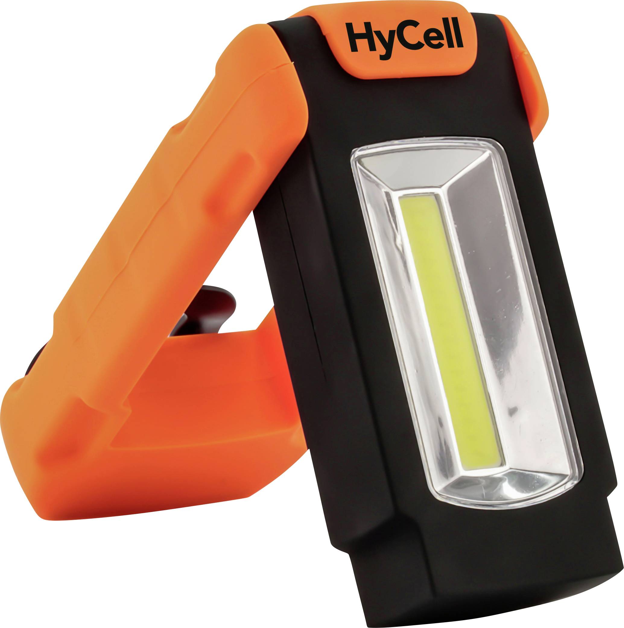 Orange and black HyCell handheld LED work light with pivoting handle and front light panel on a white background