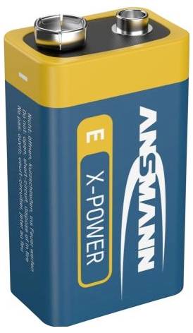 A rectangular 9V battery with an orange and blue design labeled 'X-Power' by Ansmann, featuring two metal terminals on top.