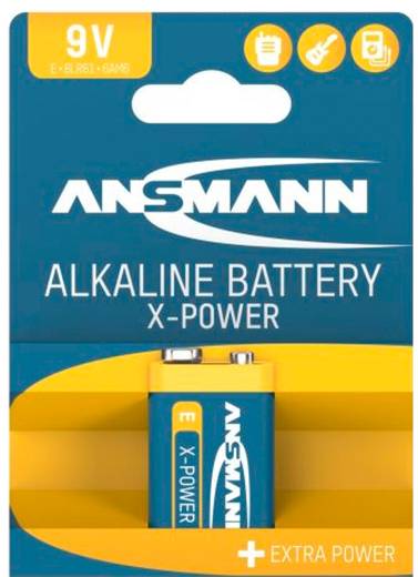 Package for an Ansmann 9V alkaline battery, labeled 'X-Power' and 'Extra Power', shown on teal and yellow retail packaging.