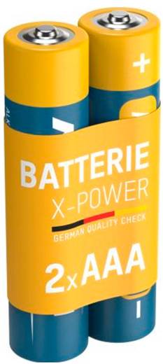 Pack of two AAA batteries labeled 'BATTERIE X-POWER' and '2x AAA' in yellow and blue packaging.
