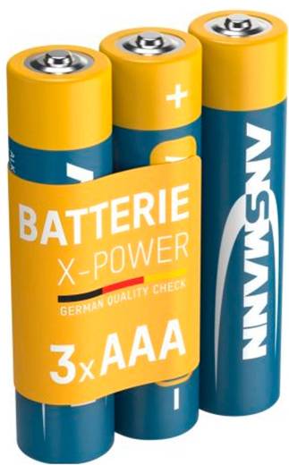 Three AAA batteries labeled 'Batterie X-Power' and '3x AAA', shown in blue and yellow packaging.