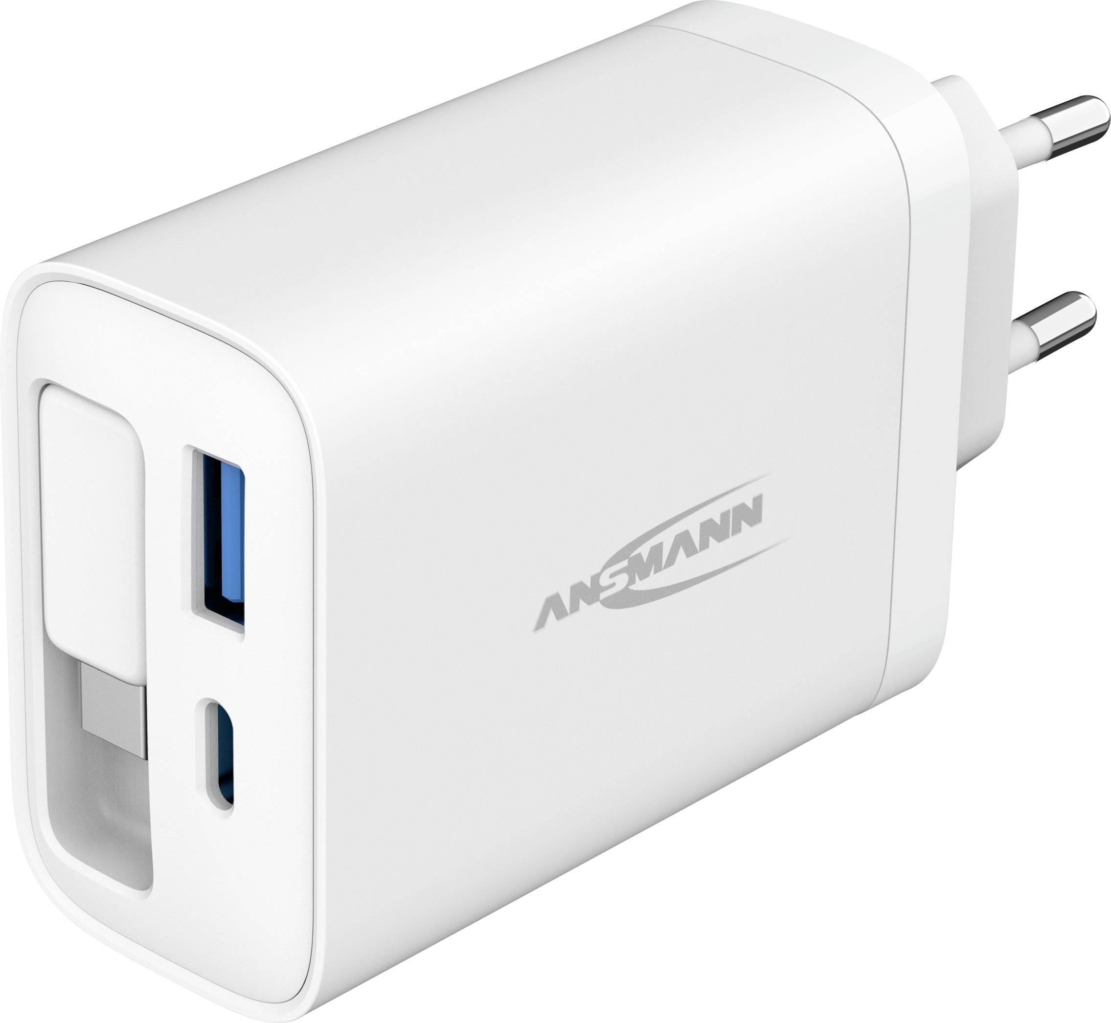 White USB wall charger with European plug and two ports, one USB-A and one USB-C, branded ANSMANN.
