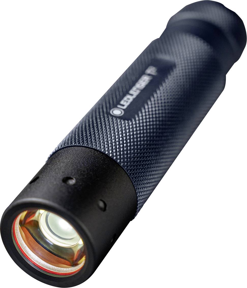 A black LED flashlight with a textured grip, angled to display the lens and side button, against a white background.
