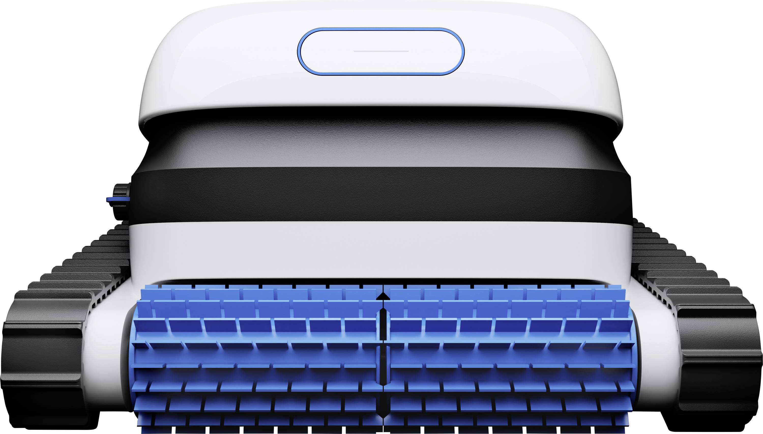 A robotic pool cleaner with blue brushes and black treads, viewed from the front, designed for automated underwater cleaning.