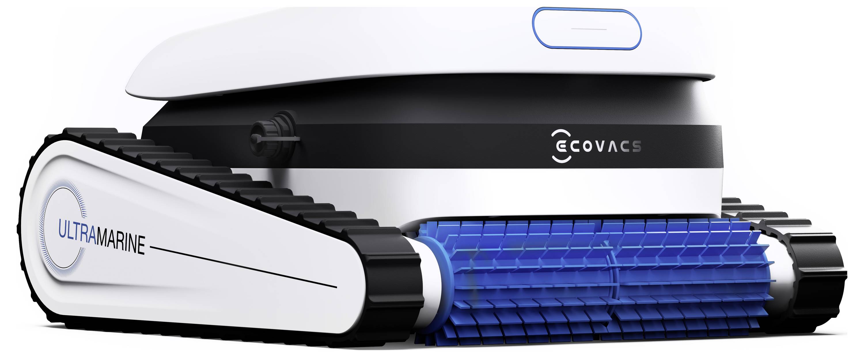 A robotic pool cleaner with a white and black body, labeled 'Ecovacs' and 'Ultramarine', features compact tracks and a blue-bristled underside.