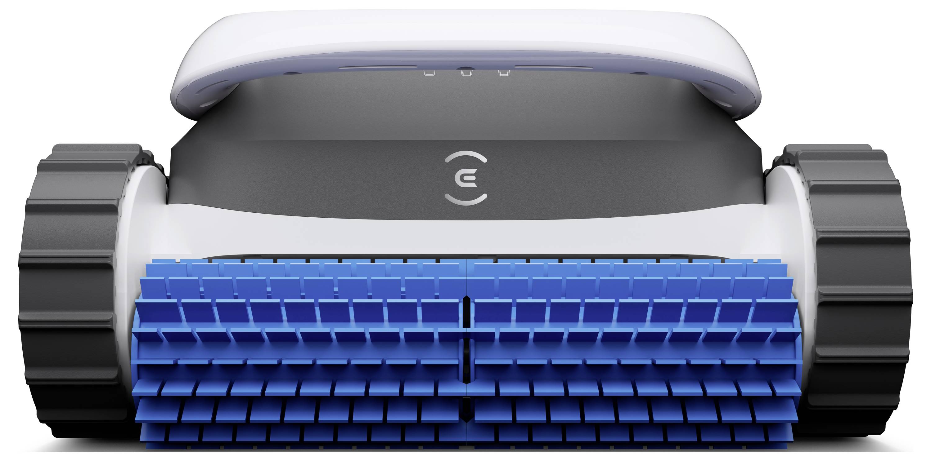 A robotic pool cleaner with blue brushes and tank-like wheels designed for efficient pool cleaning.