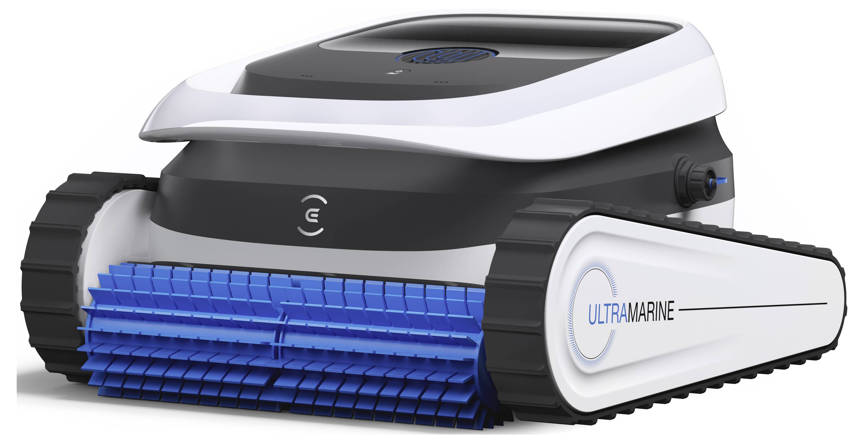 Pool-cleaning robot with blue brushes and caterpillar tracks, branded 'Ultramarine'. Designed for efficient underwater cleaning.