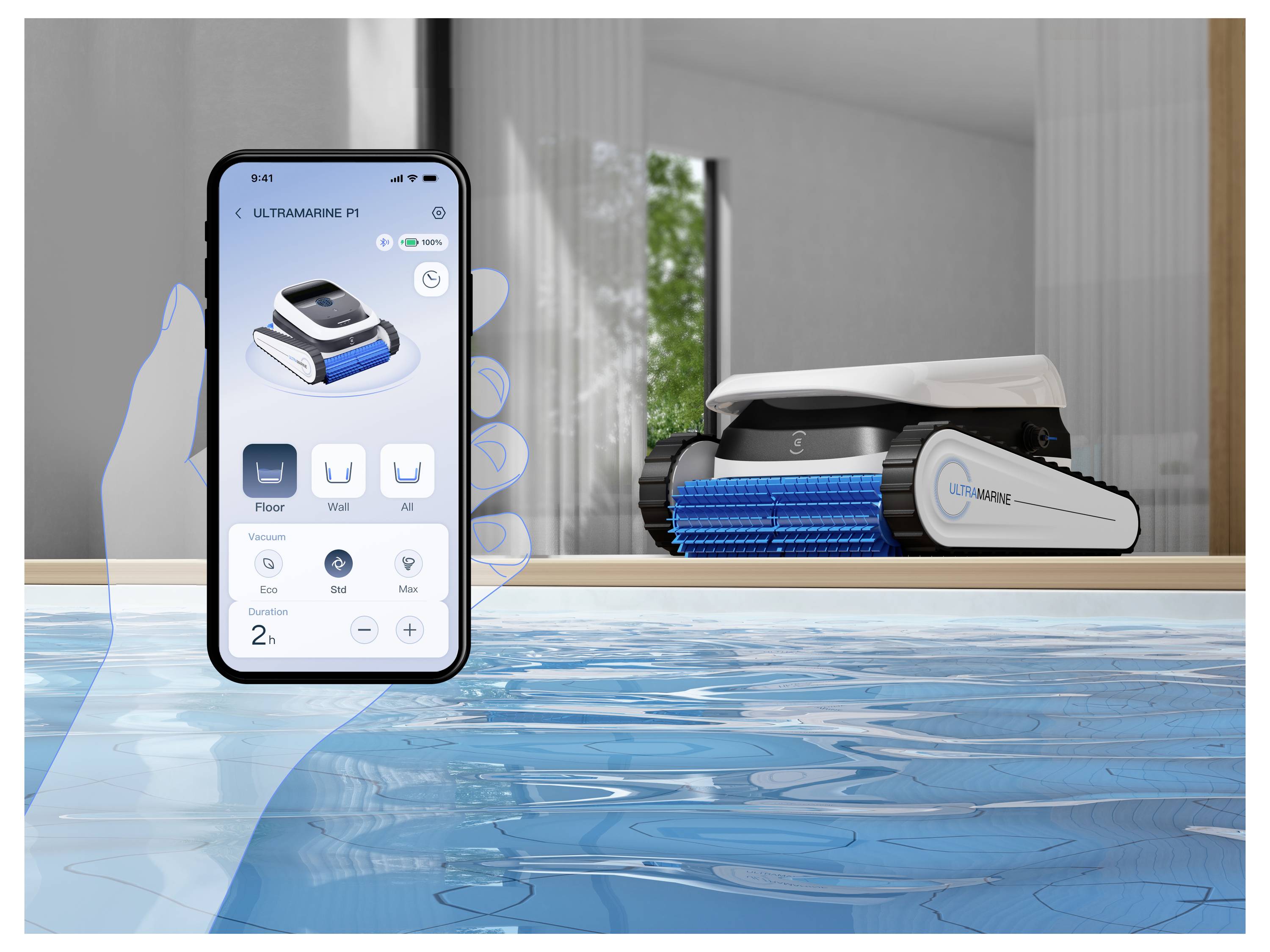 'A robotic pool cleaner operating in a pool while a hand holds a smartphone showing the cleaner's control app screen.'