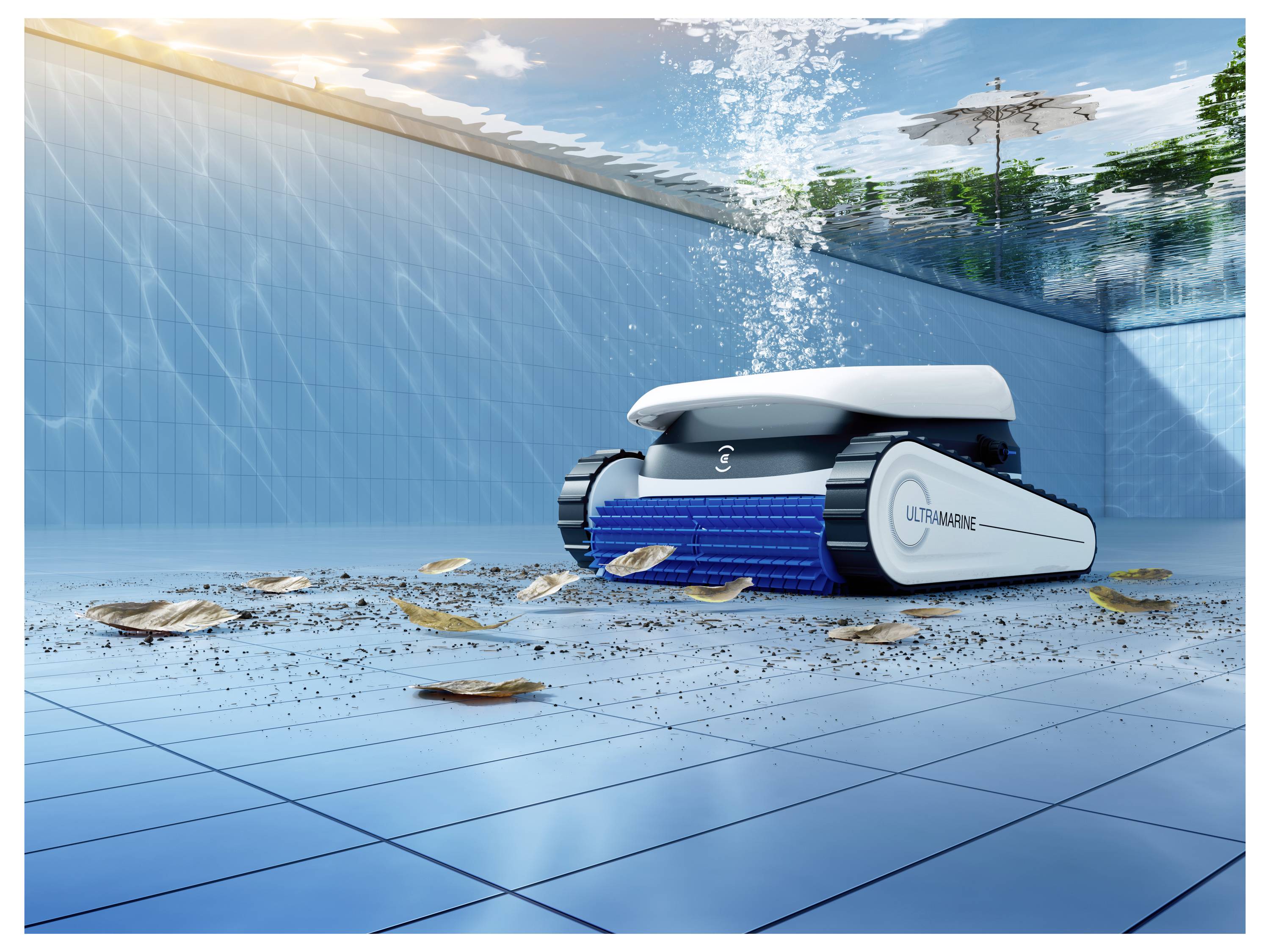 A robotic pool cleaner moves underwater, collecting leaves and debris from the pool floor. Sunlight filters through the water surface.