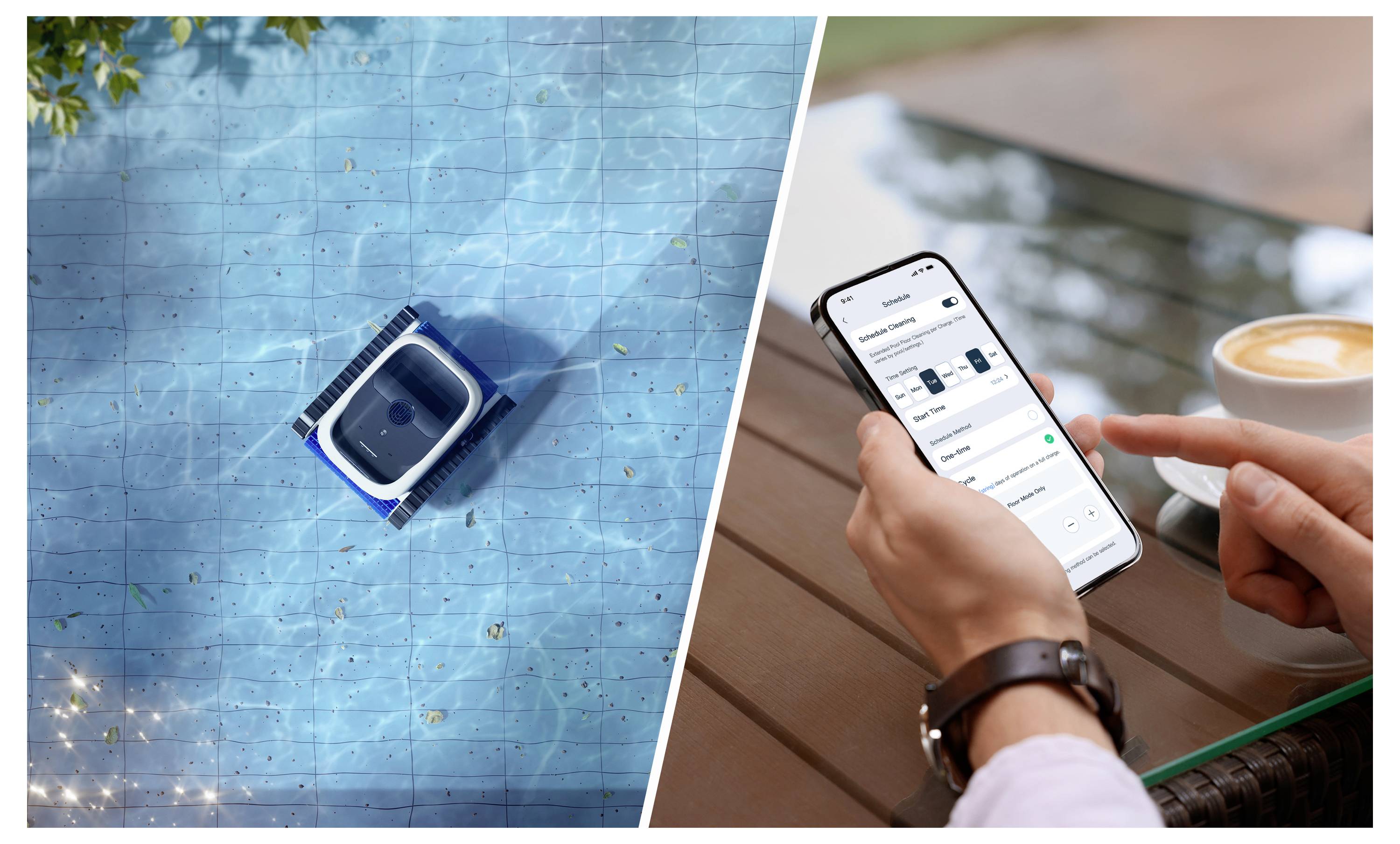 On the left, a robotic pool cleaner operates in a blue-tiled pool. On the right, a person adjusts pool settings on a smartphone app next to a cup of coffee.