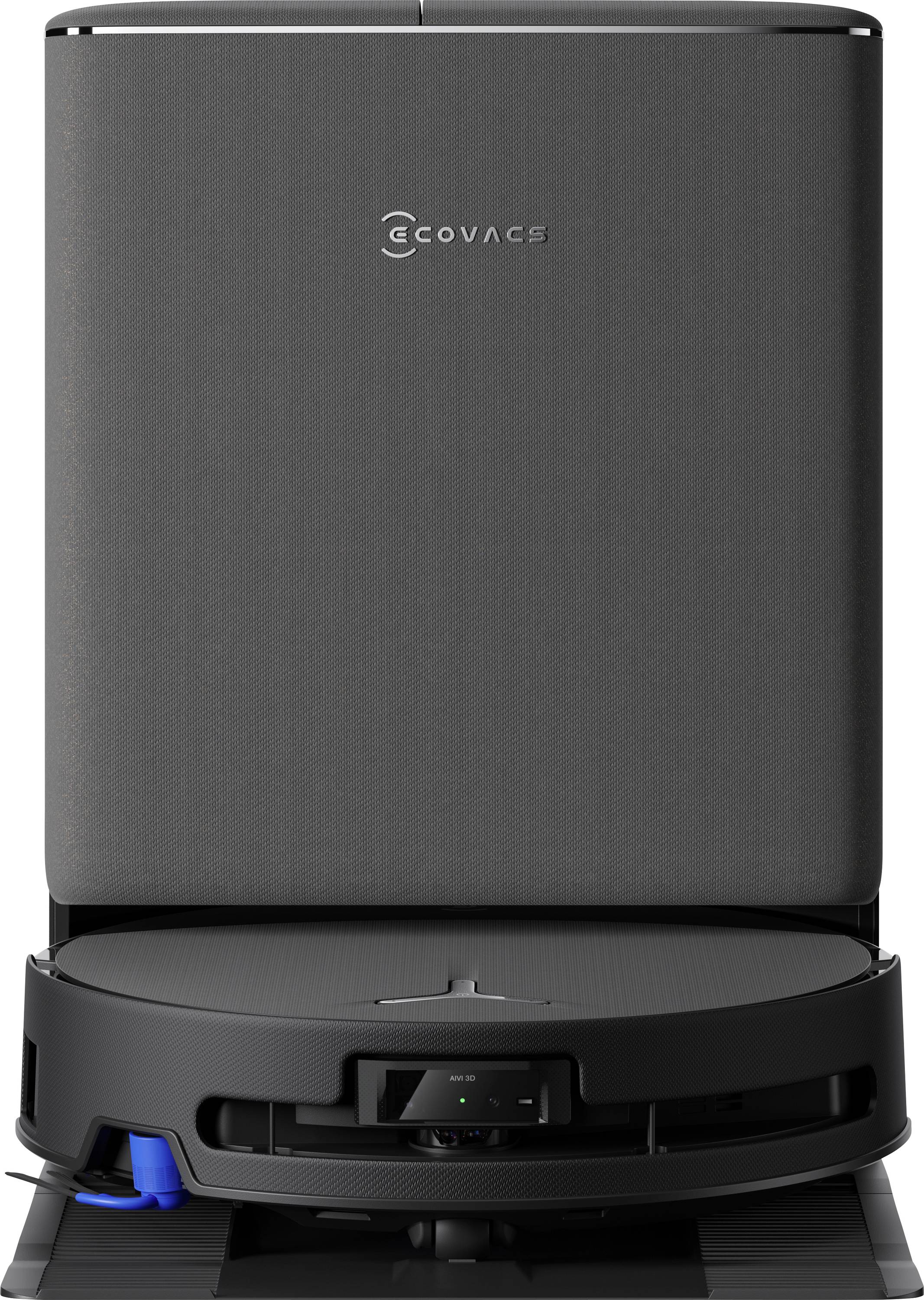 A black robotic vacuum cleaner with a sleek design, featuring the Ecovacs logo on top, positioned in front of a matching charging station.