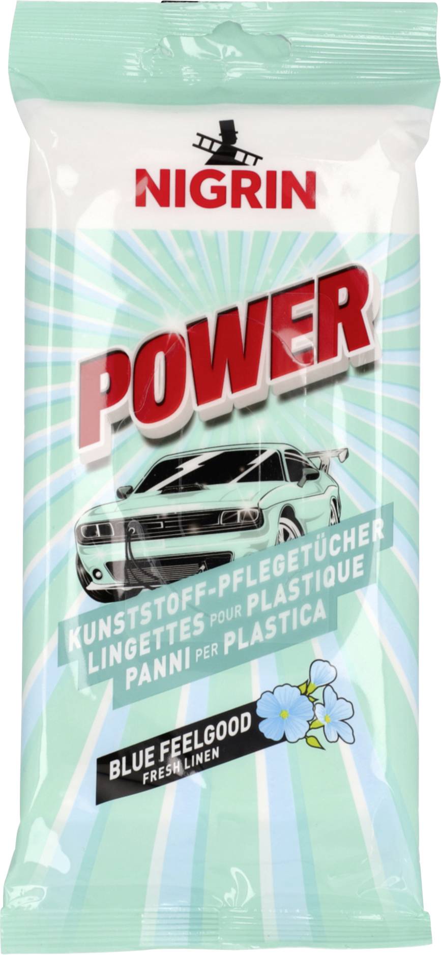 Package of Nigrin Power 'Kunststoff-Pflegetücher' for cleaning plastic car surfaces, labeled 'Blue Feelgood Fresh Linen' with a car image.