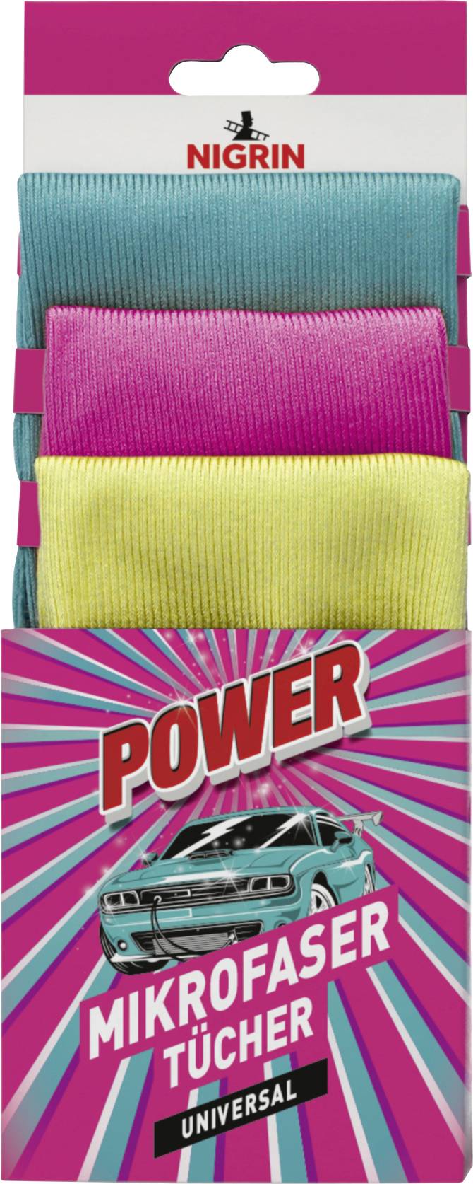 Packaging for NIGRIN 'Power Mikrofaser Tucher Universal' microfiber cloths, showing stacked turquoise, pink, and yellow cloths above a retro car graphic on a pink burst background.