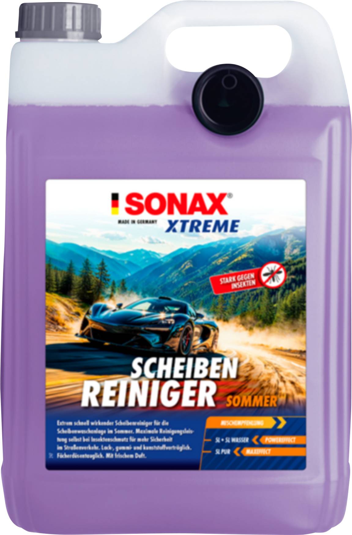 Purple SONAX XTREME Scheiben Reiniger Sommer windshield washer fluid container with black cap and handle.