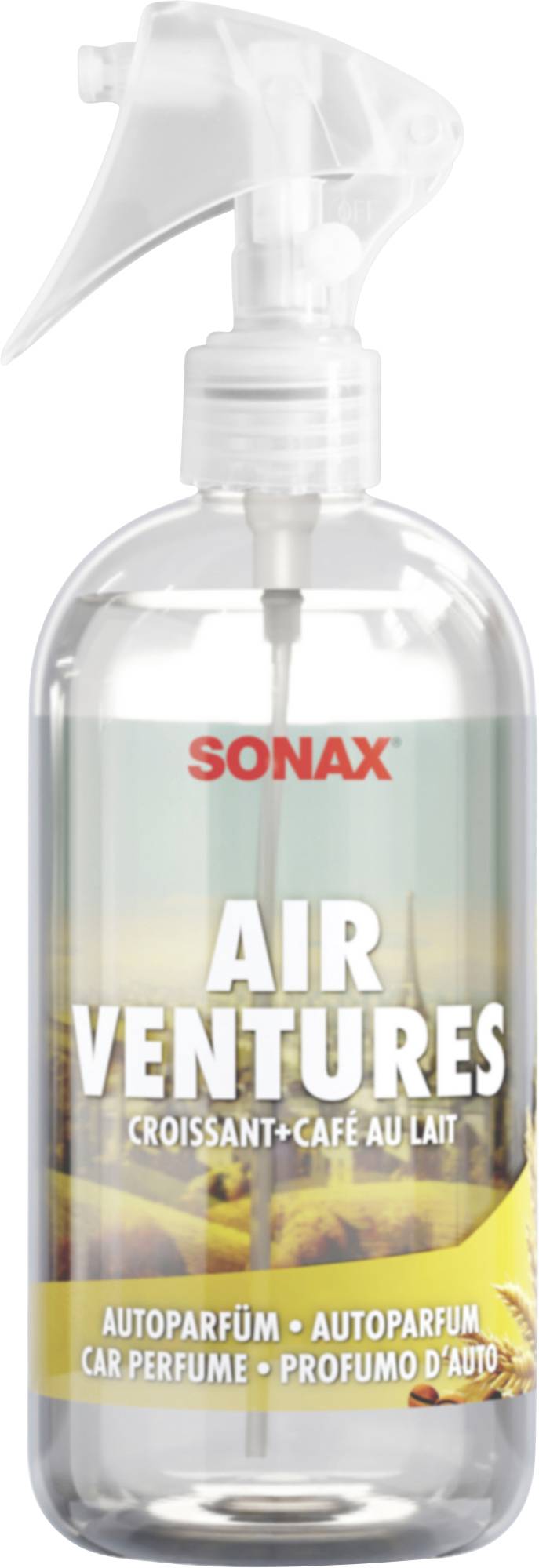 SONAX AIR VENTURES spray bottle with 'Croissant+Café au Lait' auto perfume label and yellow-orange design.