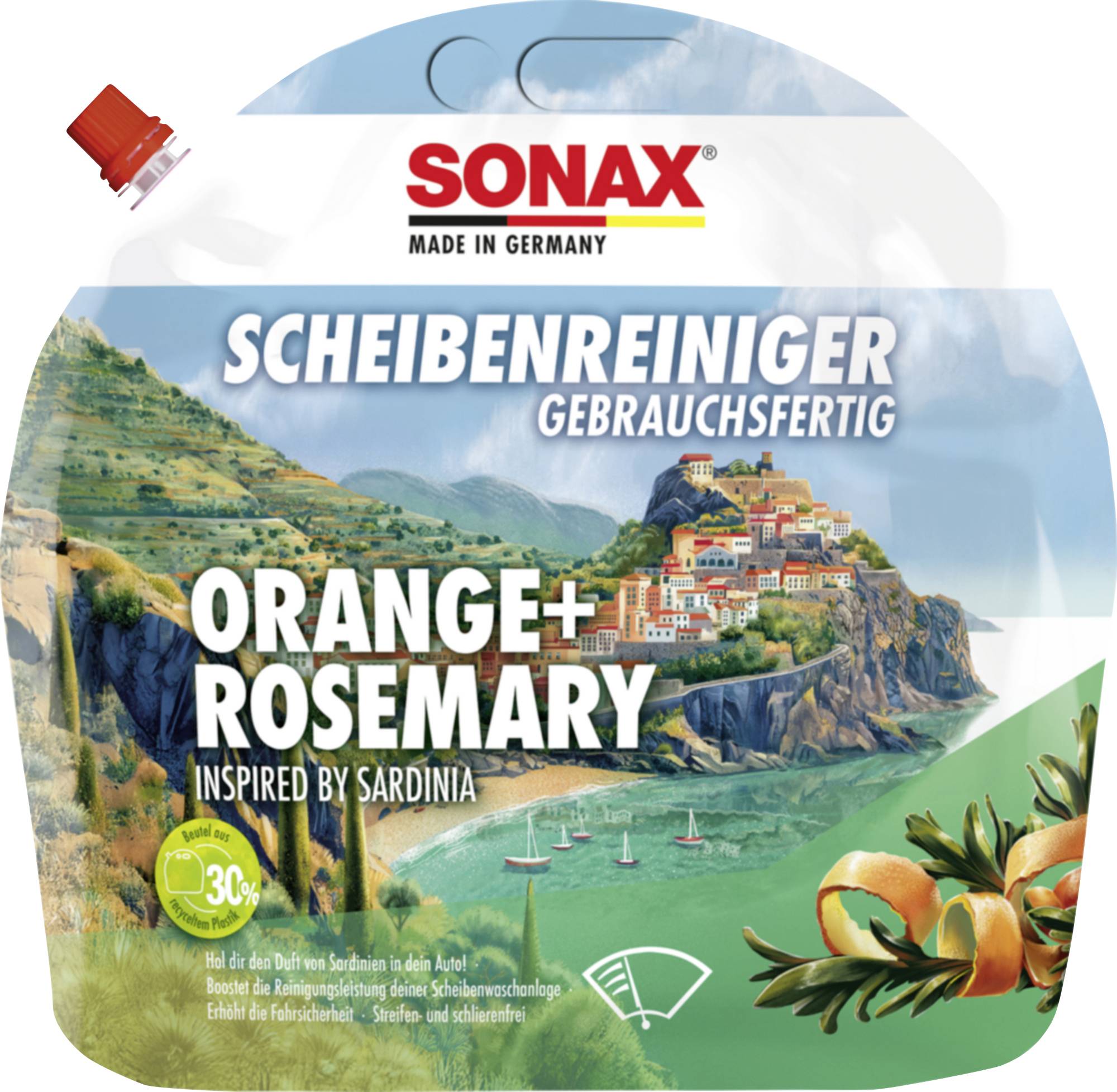 SONAX 'Scheibenreiniger Gebrauchsfertig' Orange + Rosemary car windshield washer fluid pouch inspired by Sardinia, 3 l, with coastal landscape illustration.