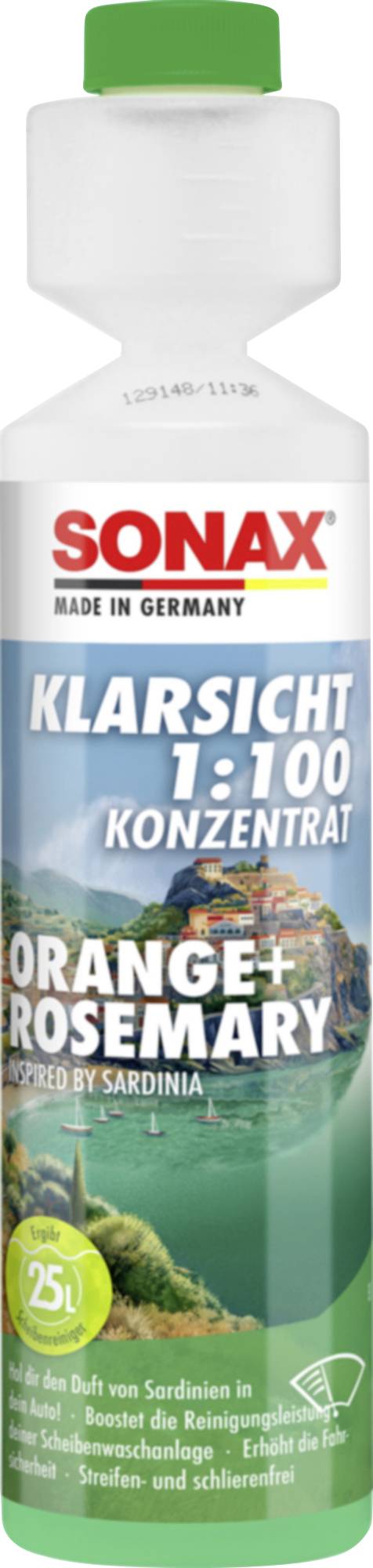 SONAX KlarSicht 1:100 concentrate windshield washer fluid with orange and rosemary scent, shown in a white bottle with green cap.