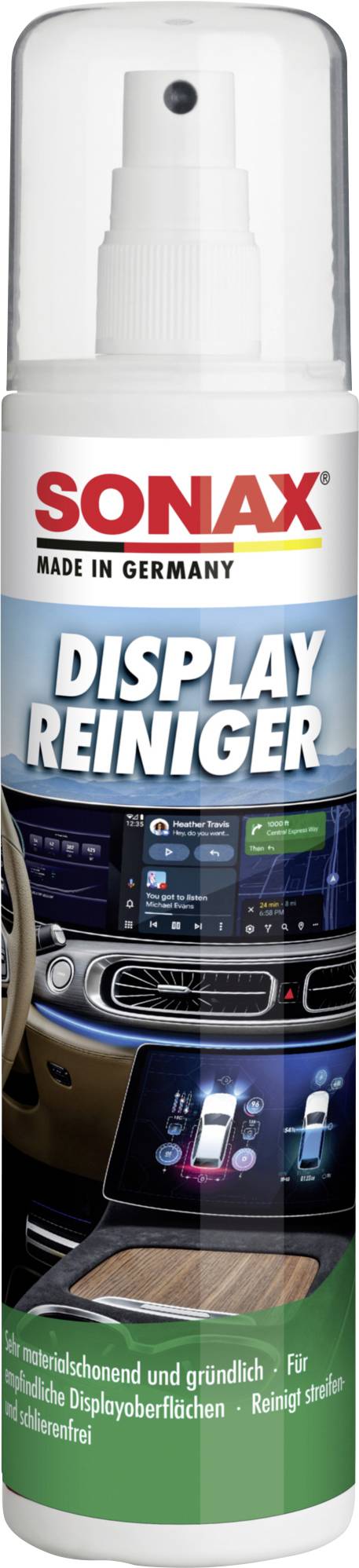 SONAX Display Reiniger spray bottle label, for cleaning car display surfaces; shows a dashboard screen and German text.