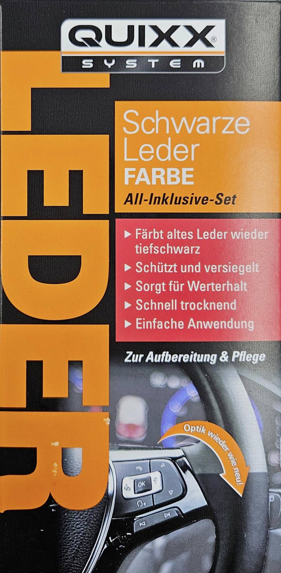 Quixx System 'Schwarze Leder Farbe' All-in-one set for restoring and sealing black leather; German packaging with feature bullets and car interior image.
