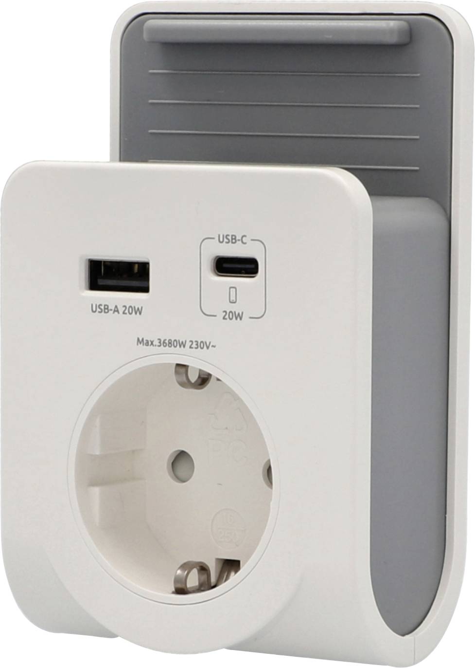 A plug-in power adapter with UK socket, USB-A 20W and USB-C 20W ports, labeled 'Max. 3680W 230V~'.