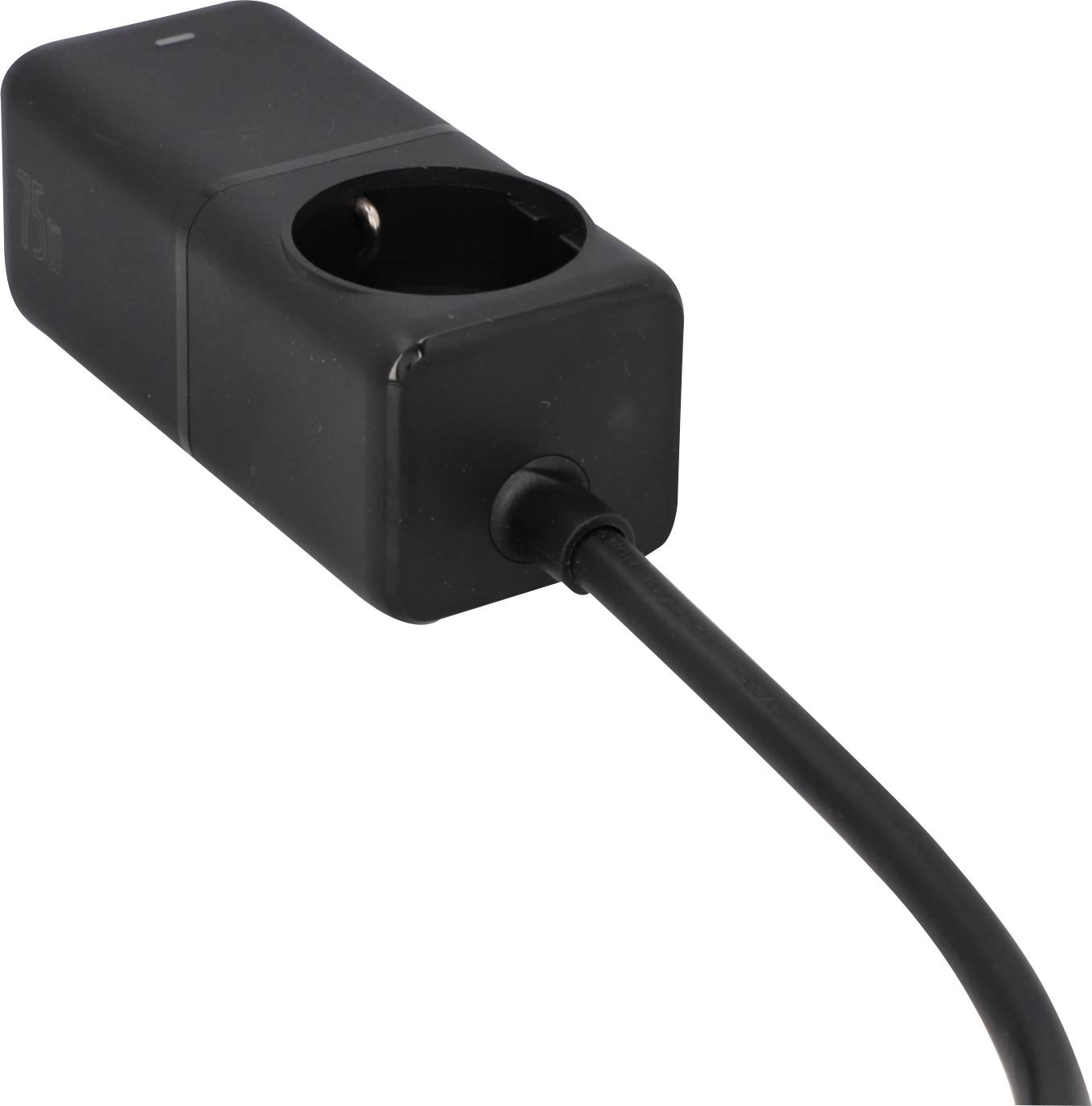 Black electrical adapter with a round socket opening and attached power cord on a white background.