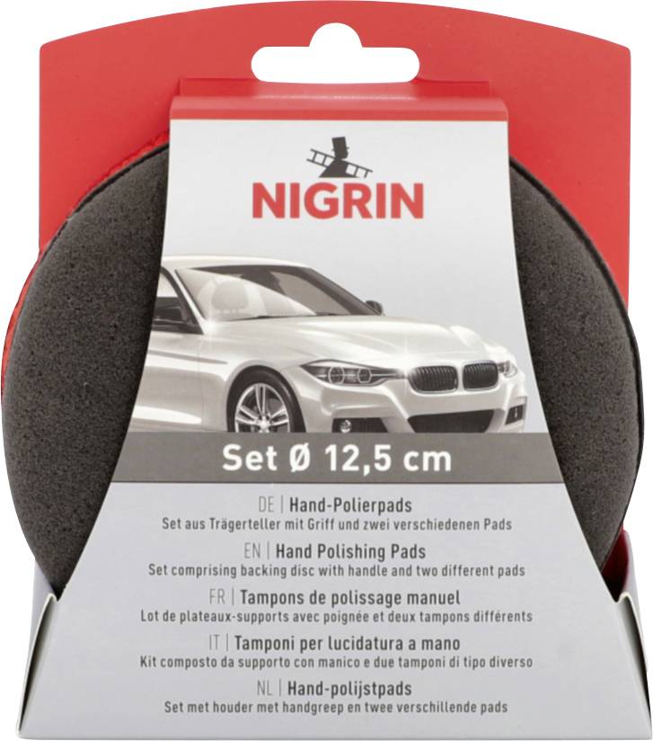 NIGRIN hand polishing pads set, showing a car image and text 'Set Ø 12,5 cm' with two different pads.