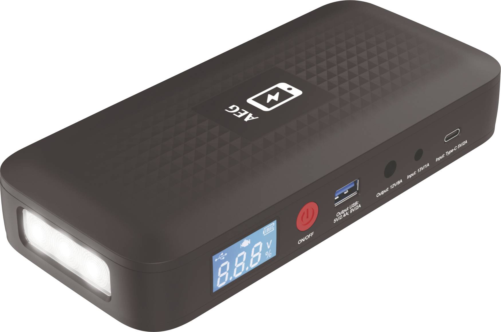 Portable jump starter power bank with built-in flashlight, digital battery display, USB port, and red power button on a black case.