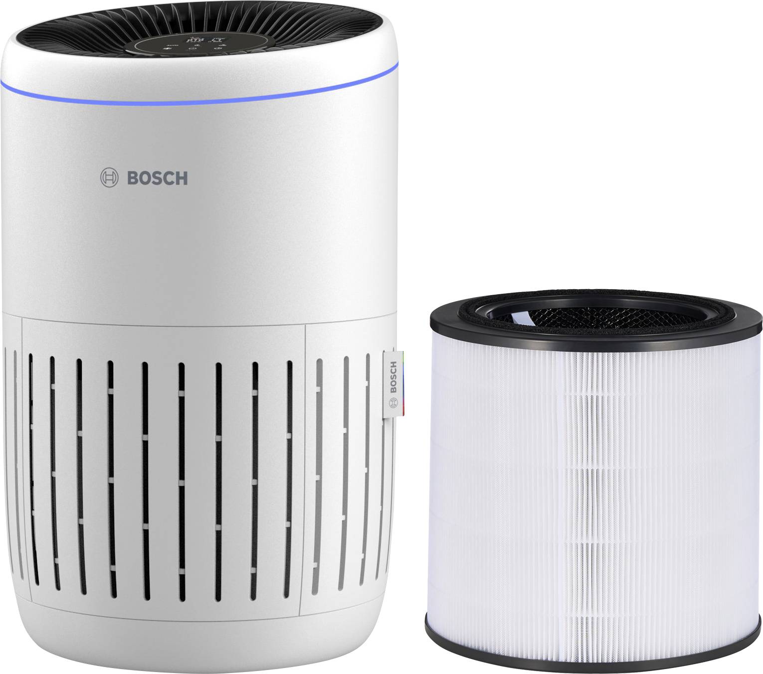 Bosch air purifier shown with its cylindrical filter cartridge beside it, in white with black top vents.