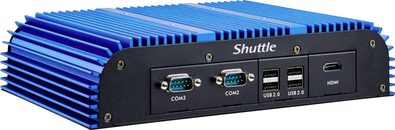 Blue finned Shuttle mini PC with front I/O panel showing COM1, COM2, two USB 2.0 ports, and HDMI