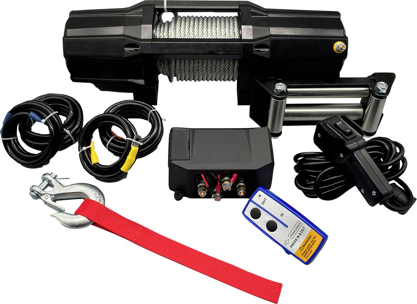 Electric winch kit with control box, wired remote, cables, hooks, mounting plate, and red strap on a white background.