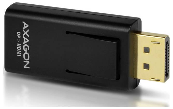 Black Axagon DP to HDMI adapter dongle with gold connector shown on a white background.