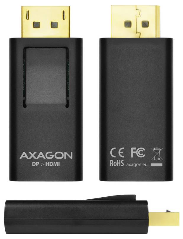 Black Axagon DP to HDMI adapter shown front, back, and side views with gold connectors and printed branding.