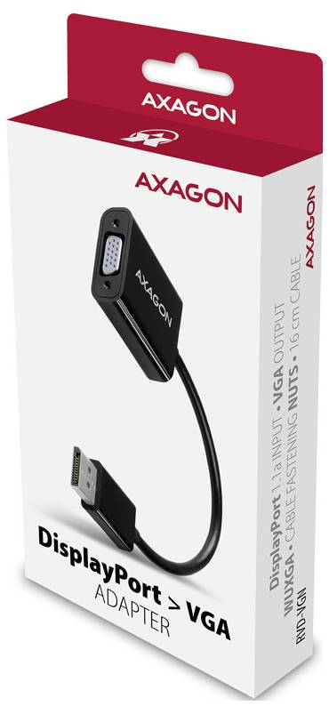 AXAGON DisplayPort to VGA adapter packaging showing a black cable adapter for connecting DisplayPort devices to VGA displays.