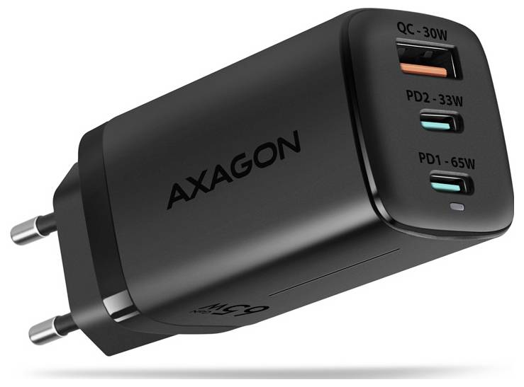 Black AXAGON wall charger with two EU prongs and three USB-C ports labeled QC 30W, PD2 33W, and PD1 65W.