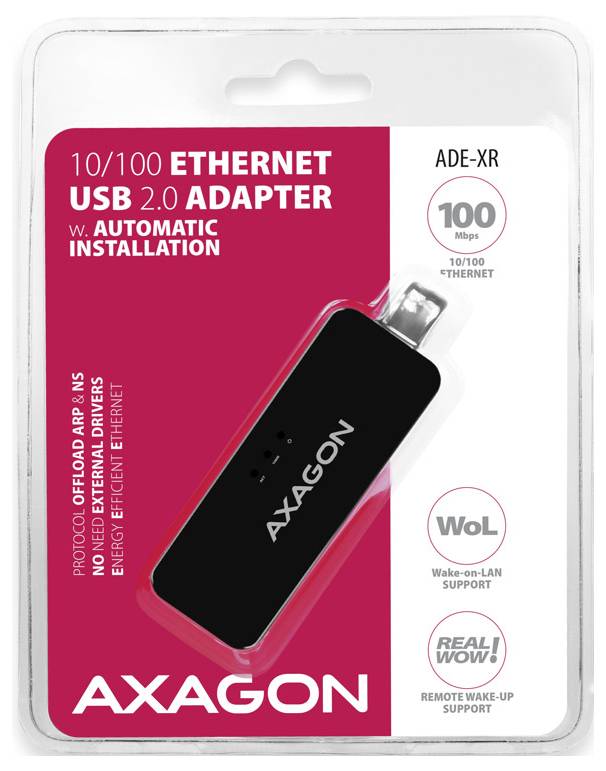 Packaging for an AXAGON '10/100 Ethernet USB 2.0 Adapter' with automatic installation, 100 Mbps, and Wake-on-LAN support.