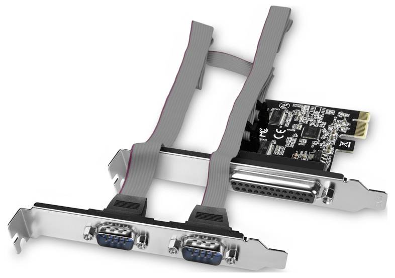 PCI expansion card with two DB9 serial ports and one DB25 parallel port, connected by gray internal ribbon cables to a second circuit board.