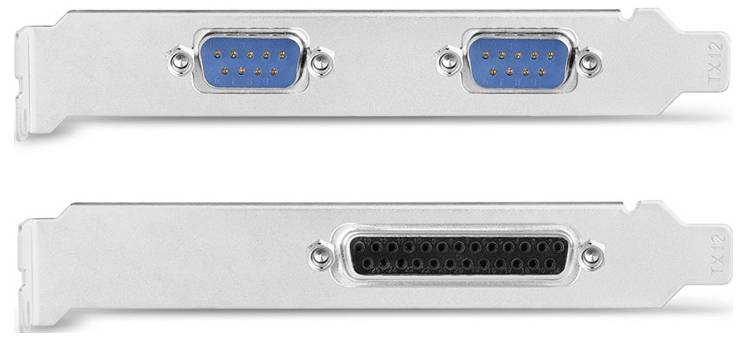 Computer expansion card bracket with two blue 9-pin serial ports on top and one black 25-pin parallel port below.