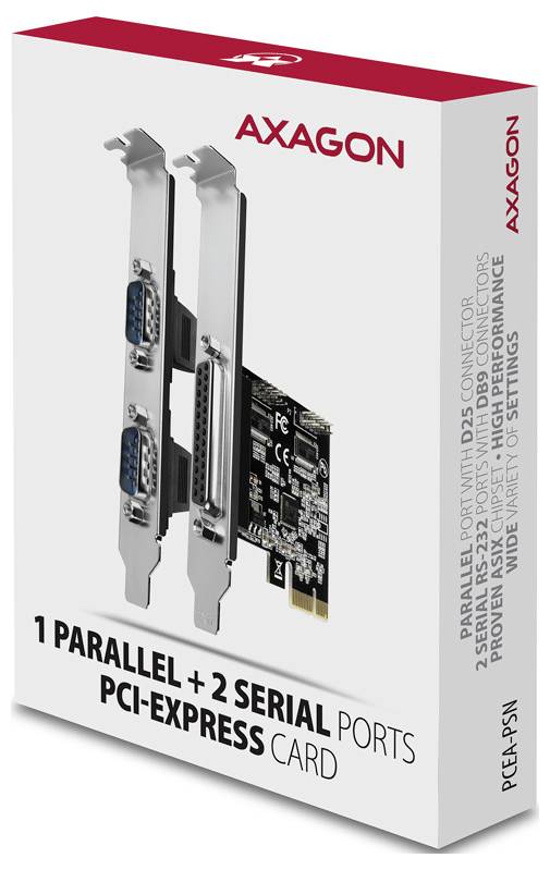 Product box for an AXAGON PCI-Express card with 1 parallel and 2 serial ports, shown with the card and connector ports on the packaging.