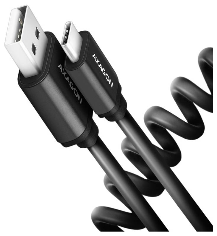 Close-up of a black coiled USB cable with USB-A and USB-C connectors labeled 'AXAGON' on a white background.