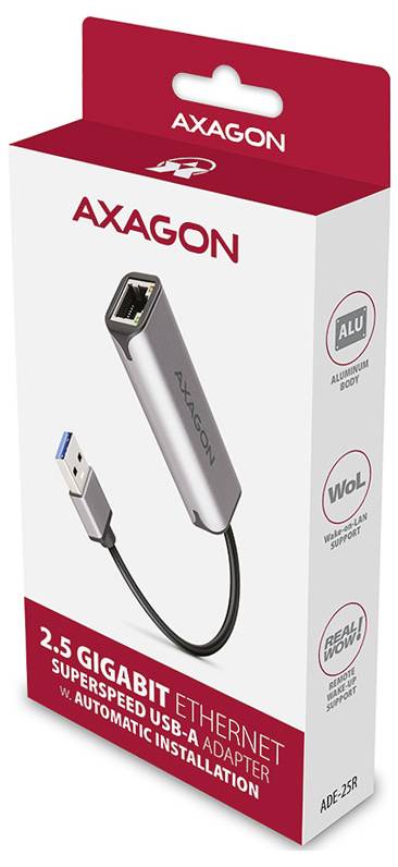 AXAGON 2.5 Gigabit Ethernet super speed USB-A adapter in retail packaging, with cable and aluminum housing shown.