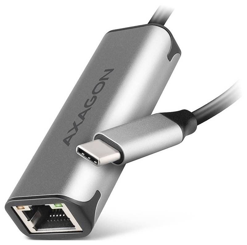 Silver AXAGON USB-C to Ethernet adapter cable with RJ45 port and connected USB-C plug on a white background