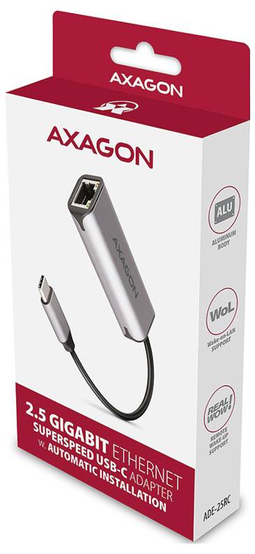 Axagon 2.5 Gigabit Ethernet super-speed USB-C adapter packaging with USB-C to Ethernet dongle and cable shown.