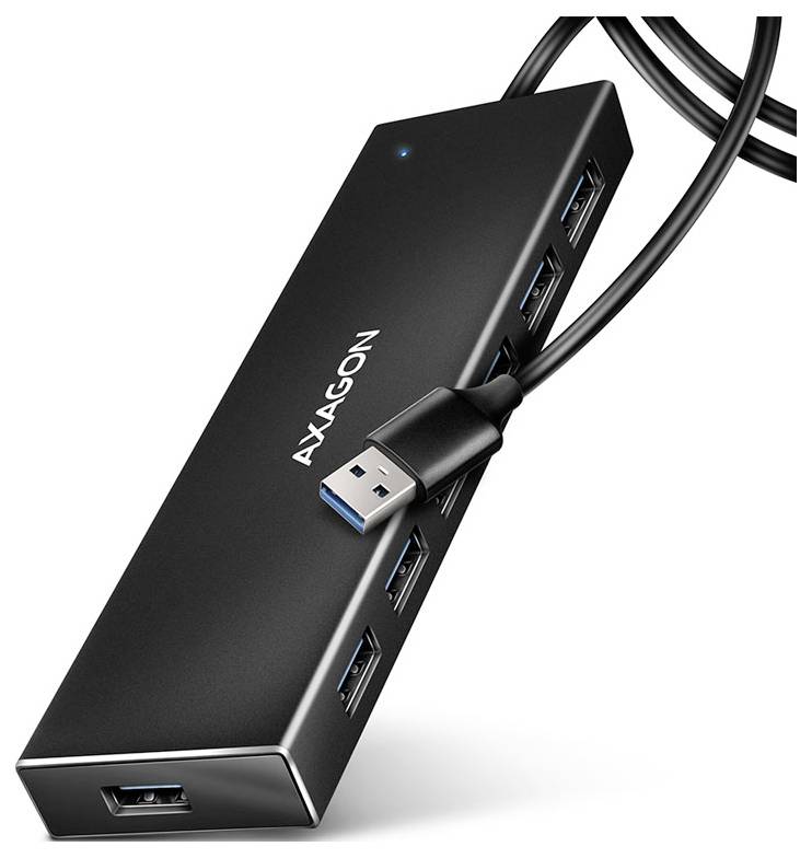 Black AVAGON USB hub with multiple USB ports and attached cable, shown on a white background.