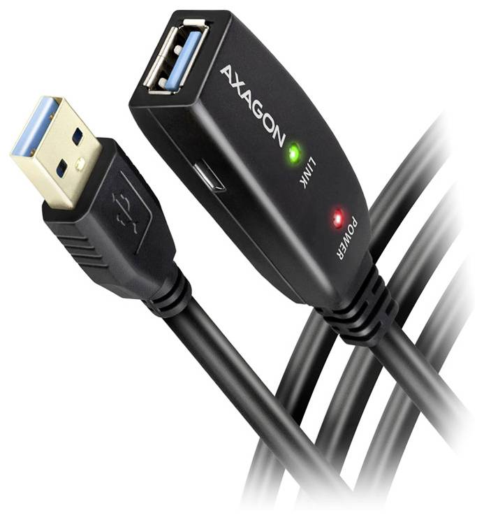 USB 3.0 extension adapter with male and female connectors, labeled 'AXAGON', showing green 'LINK' and red 'POWER' indicator lights.