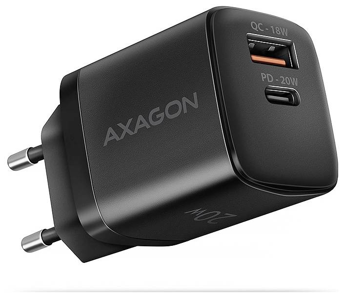 Black AXAGON wall charger with EU plug, one USB-A port labeled QC-18W and one USB-C port labeled PD-20W.