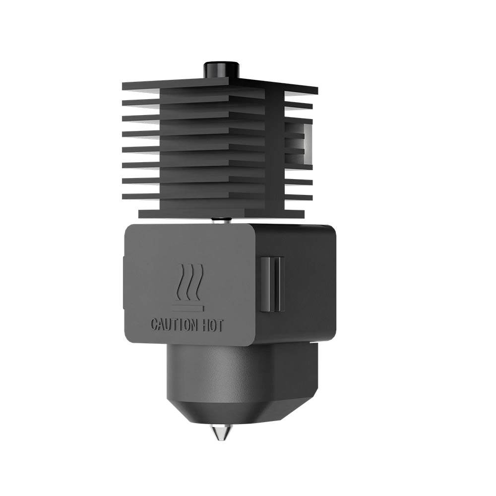 Black 3D printer hot end/extruder assembly with cooling fins and 'CAUTION HOT' label, isolated on white background.