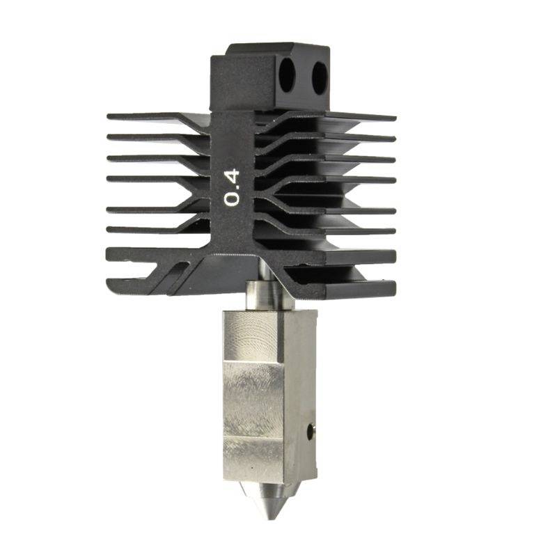 3D printer hotend with black finned heatsink labeled '0.4' and metal nozzle on a white background.