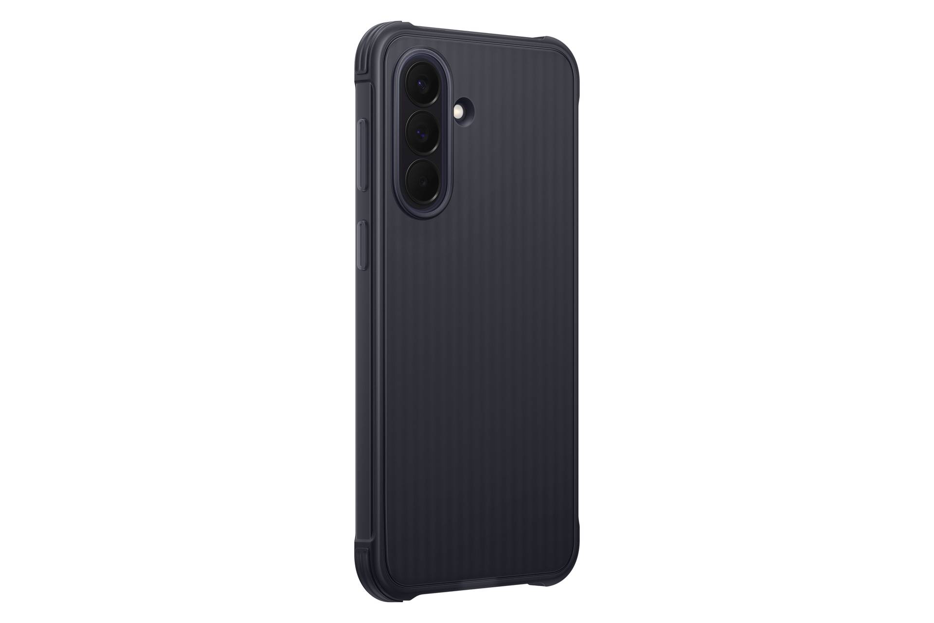 Black ribbed smartphone case shown from the back, with vertical triple camera cutouts and a flash opening.