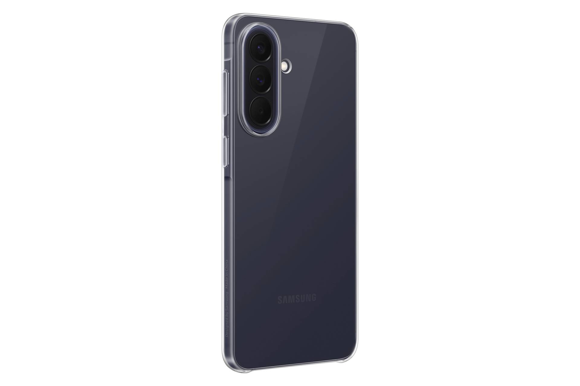Back view of a dark Samsung smartphone with triple rear cameras and a single flash, shown against a white background.