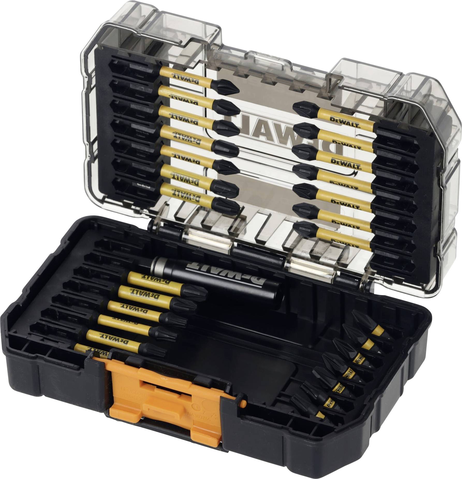 Open drill bit storage case showing multiple DEWALT screwdriver and drill bits organized in a clear-lid case.